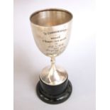 1930s silver trophy for pigeon racing, maker P. Limited, Birmingham 1932, fixed to an ebonised