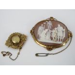 A Victorian 15ct mourning brooch with encased hair to reverse - 5g, together with a cameo brooch