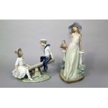 A Lladro Daisa model of a young woman wearing a sun hat and leaning against a flower decked