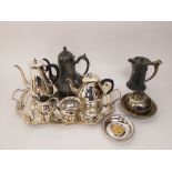 Silver plated four piece teas service together with a further twin handled serpentine gallery