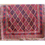 Gazak rug decorated with a red and navy blue diaper weave, 125 x 15cm