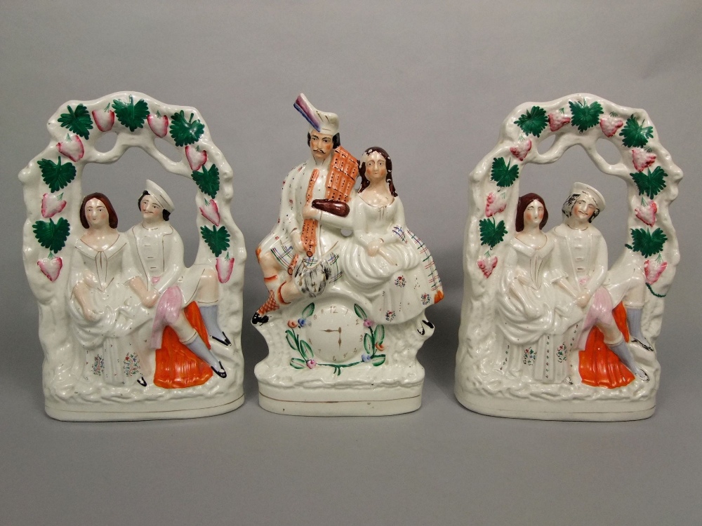 A collection of 19th century Staffordshire figures including a pair of arbour groups with a boy - Image 2 of 5