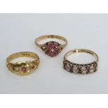 Three rings comprising; a pink ruby and diamond example in unmarked yellow metal, a 15ct example set