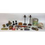 Mixed miscellaneous lot to include candlesticks, pin badges, glass ink well and others