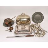 Mixed collection of silver plate to include various flatware, a large silver plated cloche, together