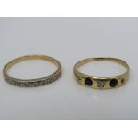 Two diamond set rings, the first set with sapphires in unmarked yellow metal and the second in 18ct,