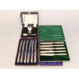 A mixed collection of silver to include cased set of six silver handled fruit knives, further