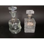 Cut glass and silver plate coloured square decanter, together with a further contemporary