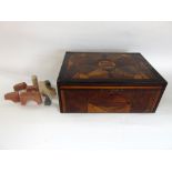 19th century continental marquetry box, the top with walnut, yew and ebony, the hinged lid enclosing