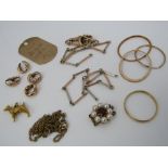 A collection of gold and yellow metal items, most pieces stamped 375, also including an 18ct wedding