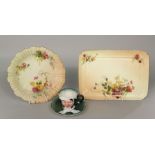 A Royal Worcester ivory ground rectangular tray with harebell and other floral detail, with puce