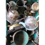 A box containing a large quantity of metalware to include a silver plated wine coaster/sleeve,