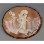 A cameo brooch depicting Ariel riding a bat, in 9ct mount with safety chain, 13g