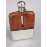 Early 20th century silver leather and glass hip flask, maker J.D. & S. Sheffield 1915, 16 cm high