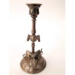 Interesting Victorian silver plated candlestick, the column embossed with horses heads,