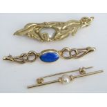 Three 9ct brooches to include two in the art nouveau style; a baroque pearl example, another set