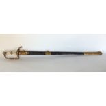 Reproduction Naval sword with cast brass hilt and leather sheath