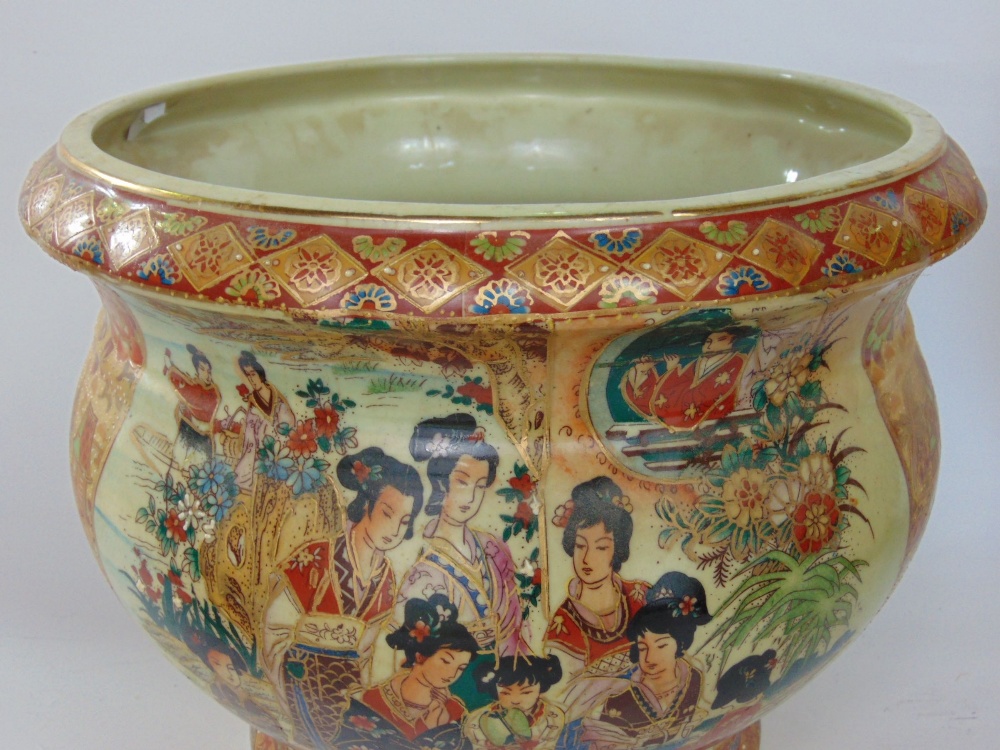 Japanese porcelain jardiniere on stand in the Satsuma manner, 70 cm high; together with a resin twin - Image 3 of 4