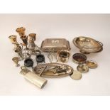 A box of silver plated items to include entree dishes, wine coasters, goblets, etc