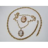 An Italian bright cut gold necklace together with a 9ct mounted cameo brooch, a further cameo