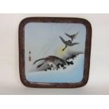 Good Japanese enamel and bronze tray, the front decorated with geese in flight and calligraphy