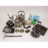 A box of miscellaneous items to include a silver plated spirit kettle and other items; together with