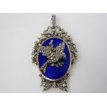 A Victorian pendant on cobalt blue enamel ground, featuring pearl encrusted high relief bird to