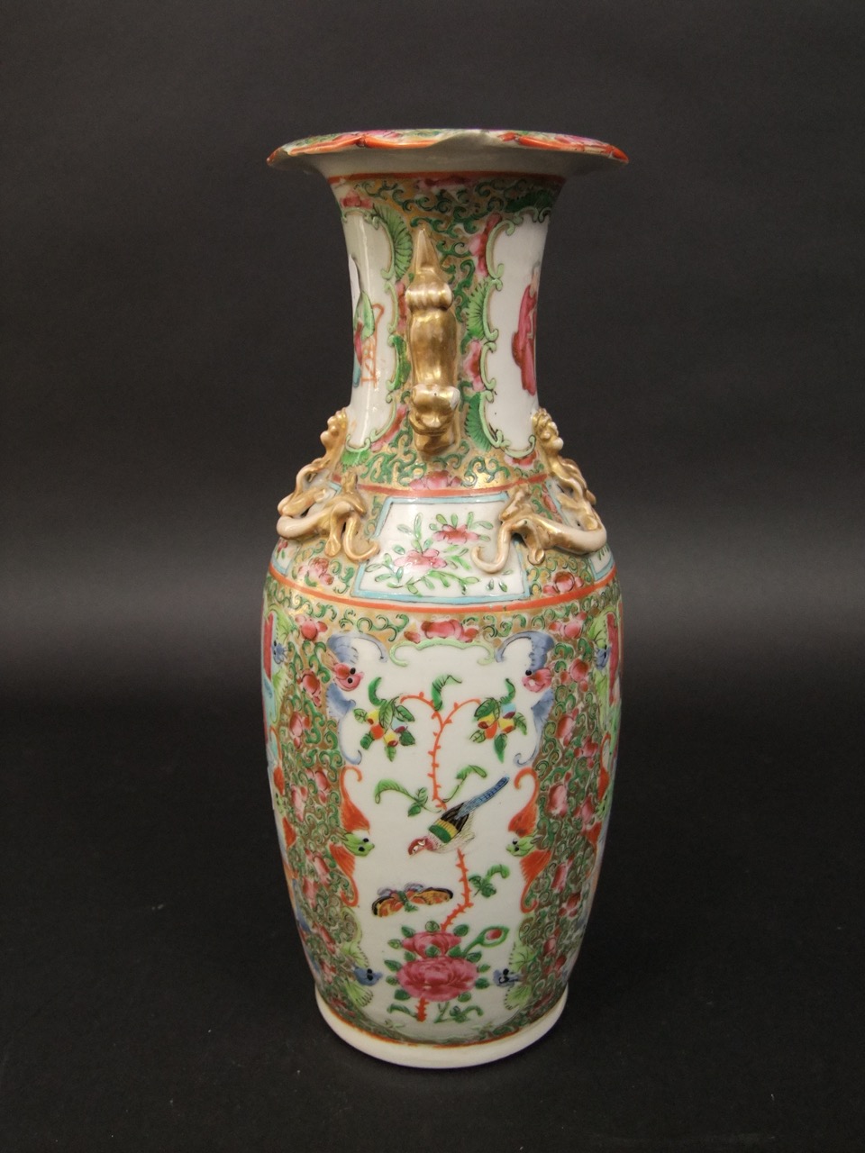 A Cantonese vase with painted and gilded female character decoration and glided dragon mounts, 26 cm - Image 2 of 3