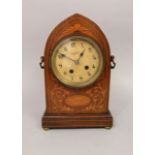 Edwardian walnut and box wood inlaid two train lancet mantle clock, the circular dial inscribed L