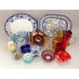 A collection of mid century coloured glassware to include an amber glass jug, mottles glass bowl,