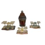 Three sets of antique postal scales, together with a further brass bound oak hanging salt