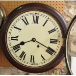 Turned mahogany single train wall clock, the dial painted with Roman numerals, 41 cm diameter