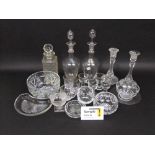 A mixed collection of glassware to include a pair of fancy decanters, oval side plates,