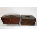 A 19th century Yew wood sarcophagus tea caddy, the hinged lid enclosing a full fitted interior