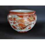 Chinese Kutani type porcelain jardiniere decorated in typical orange and gold with panels of birds