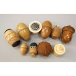 Four turned bone work and cocquille nut thimble cases and other small sewing effects