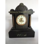 19th century black slate mantle clock, the two train 4 inch dial with gilt centre plate and Arabic