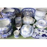 A quantity of blue and white printed wares including a Masons Ironstone toilet pail and cover, a