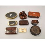 A collection of nine Georgian snuff boxes in horn, bone, burr and other timbers including a carved