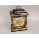 Good Elliott of London blue chinoiserie three train mantle clock, the case decorated in relief