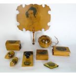A collection of Mauchline ware to include a hand fan decorated with a girl, a string box, various