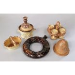 An interesting collection of 19th century saltglazed stonewares including a four place egg cup stand