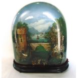 19th century automaton of a ship on waters with various building and a castle, over an oval glass