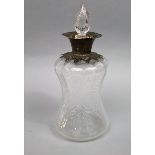 Good Edwardian silver collared cut glass waisted decanter, with hobnail and acanthus cut decoration,