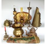 Mixed collection of metalwares to include a brass floor standing candlestick, with turned column and