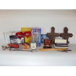 A box of interesting items to include watches, treen picture frames, glassware, etc