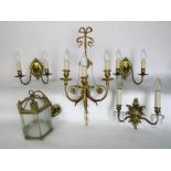 A collection of classical style lighting to include a French empire style three branch wall