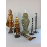 A mixed miscellaneous lot to include carved gilt wood and gesso Buddistic deity, one similar, a pair