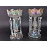 A pair of 19th century lustred glass lustres with various prismatic drops and painted overlay,