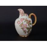 A Royal Worcester flat back ivory ground jug with painted and gilded floral detail, with printed